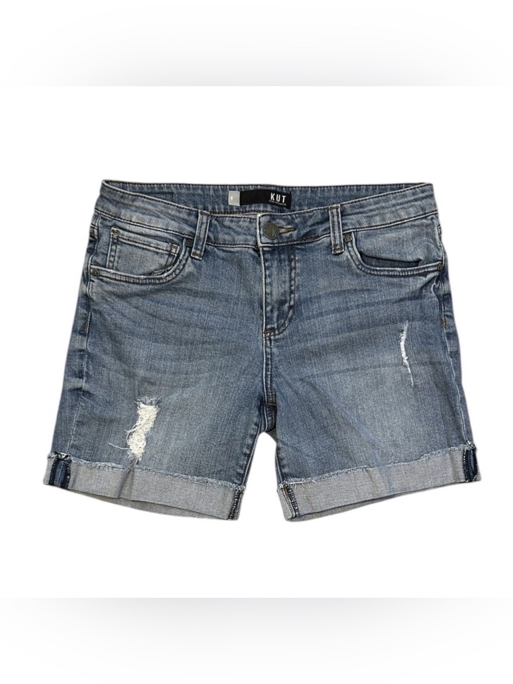 KUT From The Kloth Catherine Boyfriend Shorts sz 6 Distressed Cuffed Blue Denim